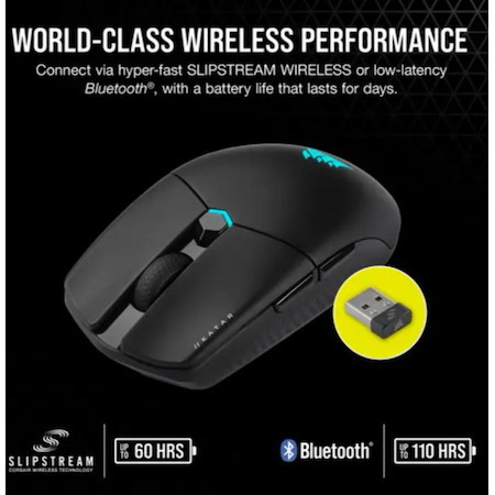 Corsair Katar Elite Wireless, Ultra Light Compac 63G, Slipstream & Bluetooth RGB, Icue, Quik Strike, 26K Dpi, Symetric, 128Bit Encrption Gaming Mice