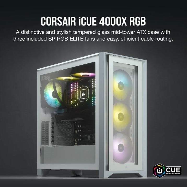 Corsair Carbide Series 4000X RGB E-Atx, Atx, Tempered Glass Front & Side. White,3X 120MM RGB Fans Pre-Installed. Usb 3.0 And Type-C X 1. Pci 7+2, Case