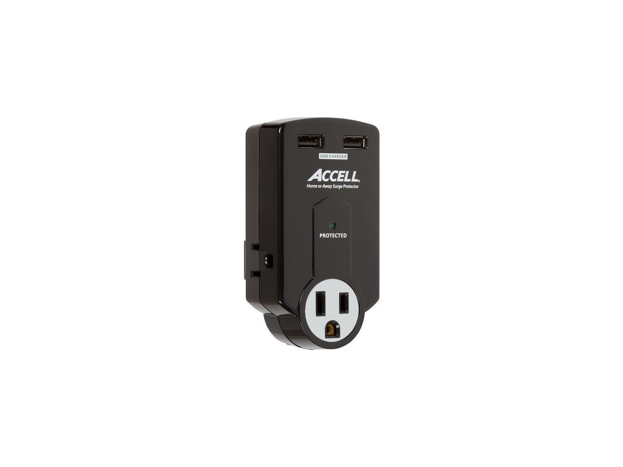 Accell D080B-011K Wall Mount 3 Outlets 612 Joules Travel Surge Protector With Dual Usb Charging