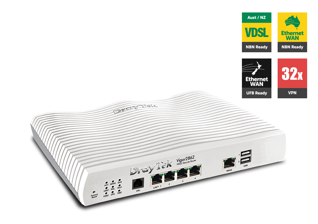 Draytek Vigor2862 Multi Wan Vdsl2/Adsl2+ Gigabit Firewall Router 3G/4G Lte Usb 4xGigabit Lan 32xVPN Tunnels 16xVLAN ~Mod-Dv2860