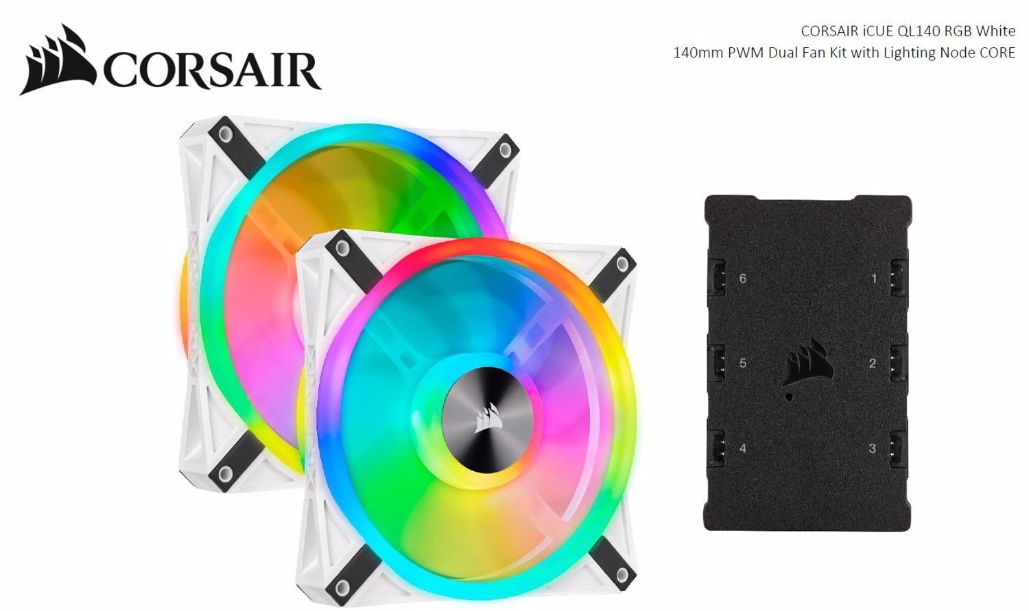 Corsair White QL140 RGB, 140MM RGB Led Fan, Dual Pack With Lighting Node Core