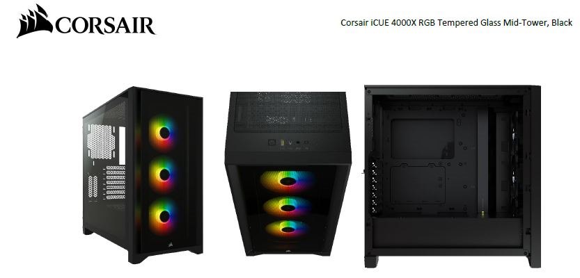 Corsair Carbide Series 4000X RGB E-Atx, Atx, Tempered Glass Front And Side. Black,3X 120MM RGB Fans Pre-Installed. Usb 3.0 And Type-C X 1