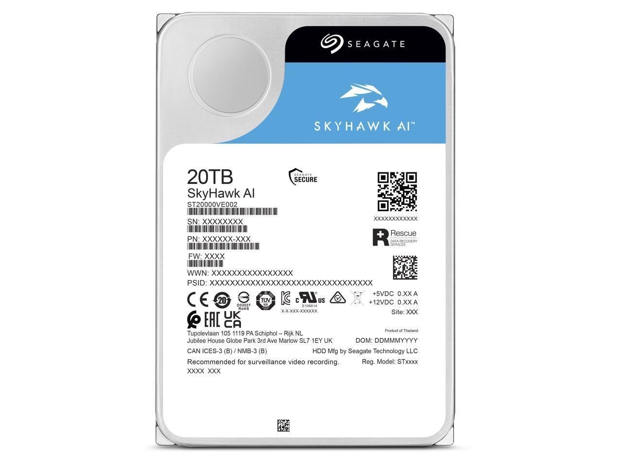 Seagate SkyHawk AI ST20000VE002 20 TB Hard Drive - 3.5" Internal - SATA (SATA/600) - Conventional Magnetic Recording (CMR) Method