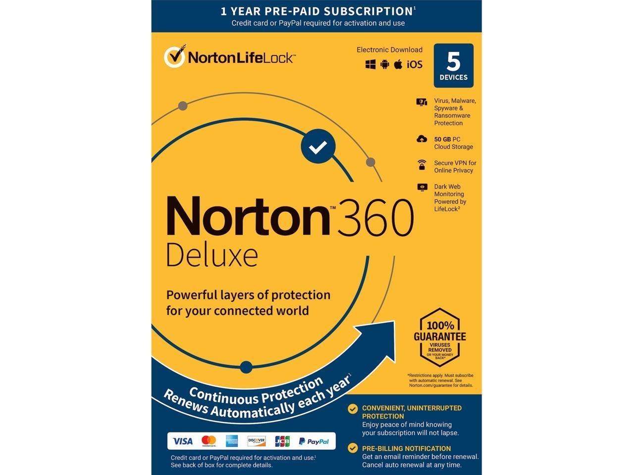 Norton 360 Deluxe 2023 - 5 Devices - 1 Year With Auto Renewal - Key Card