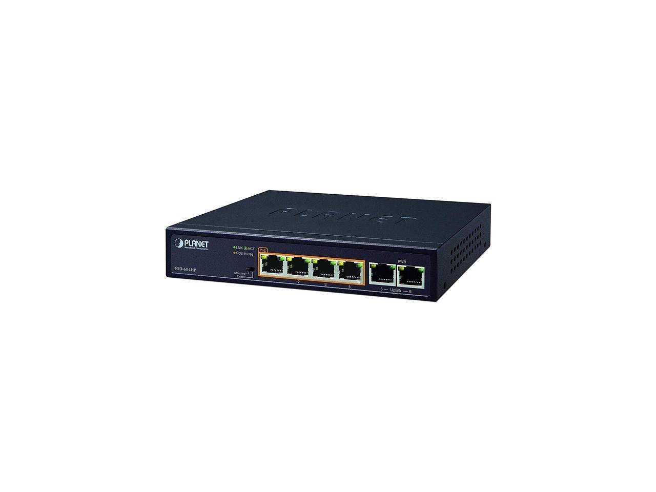 Planet FSD-604HP Unmanaged 4-Port 10/100TX 802.3Af/At PoE + 2-Port 10/100TX Desktop Switch (60 Watts)