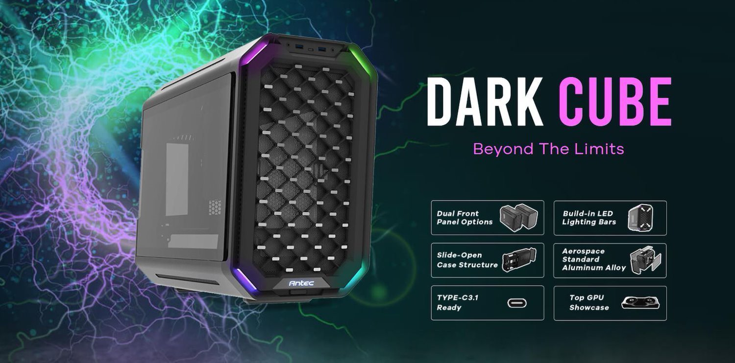 Antec Dark Cube M-Atx, Dual Front Panel, Slide Open Structure, Usb-C, Led Light Bars, Aluminum Alloy, 14CM Argb X 2, 12CM X 1 Installed Gaming Case