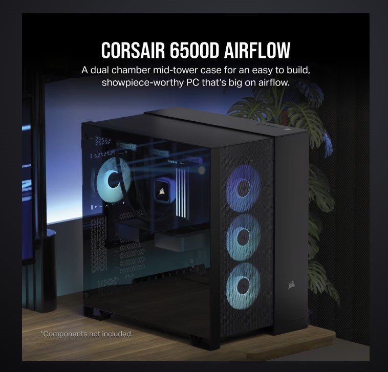 Corsair 6500D Airflow Tempered Glass Atx Mid-Tower, Mesh Front Left, Dual Chamber Black Case