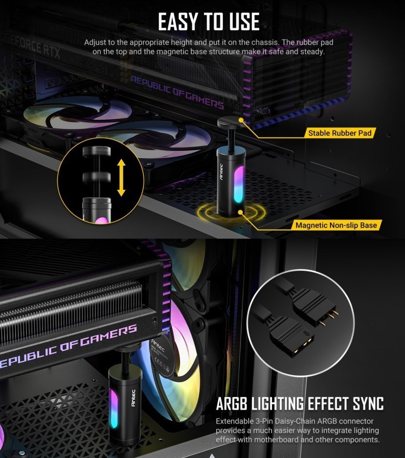 Antec I Shape Argb Black Gpu Bracket, L100, Solid Construction For Large Gpu 3-Pin Daisy Cable - Stable Ruibber Pad Top. Magnetic Non-Slip Base.