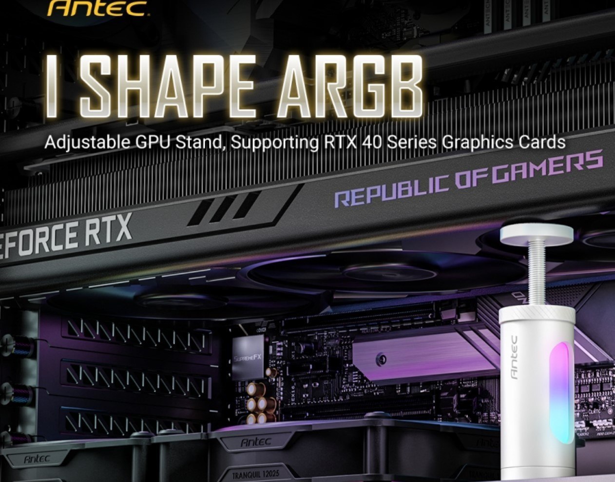 Antec I Shape Argb White Gpu Bracket, L100, Solid Construction For Large Gpu - 3-Pin Daisy Cable - Stable Ruibber Pad Top. Magnetic Non-Slip Base.