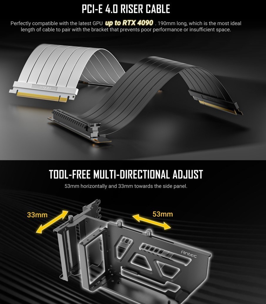 Antec Adjustable Vertical Gpu Bracket And Pci-E 4.0 Riser Cable Kit (190MM) White X16 Speed, Gold Plated Extreme Stability & Performance. 4090, 7900XT