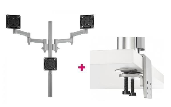 Atdec Awms-3-Th467 Triple Monitor "Stack" Desk Mount And Heavy-Duty F Clamp Desk Fixing, Silver