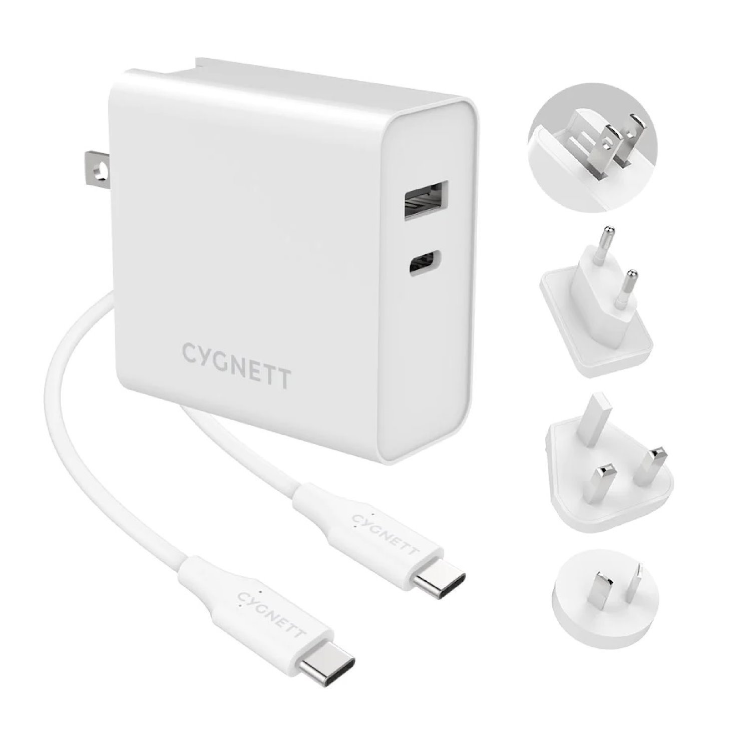 Cygnett PowerPlus 60W Dual Wall Charger (Usb-A & Usb-C) + Usb-C To Usb-C Cable (1.5M) + Travel Adapters - White (Cy3090poplu)