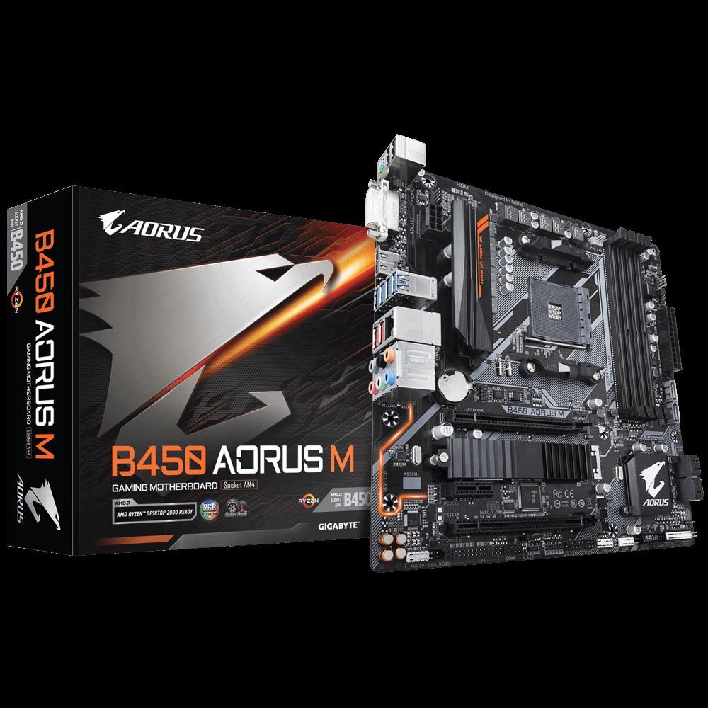 Gigabyte B450 Aorus M Ryzen Am4 Matx Motherboard 4xDDR4 3xPCIE 1xM.2 Dvi Hdmi Raid GbE Lan 6xSATA 8xUSB3.1 Quad CrossFire RGB Fusion