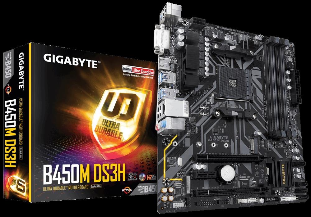 Gigabyte B450M DS3H Ryzen Am4 Matx Motherboard 4xDDR4 3xPCIE 1xM.2 Dvi Hdmi Raid GbE Lan 4xSATA 2xUSB3.1 8xUSB2.0 Quad CrossFire RGB Fusion