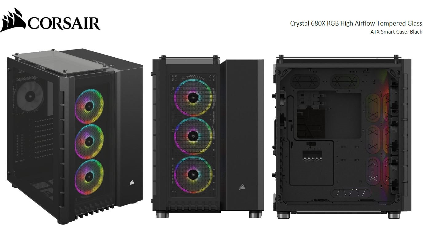 Corsair Crystal 680X RGB Computer Case - Micro ATX, ATX Motherboard Supported - Mid-tower - Steel, Tempered Glass, Plastic - Black