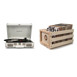 Crosley Cruiser Deluxe Portable Turntable (White Sand) + Free Storage Crate