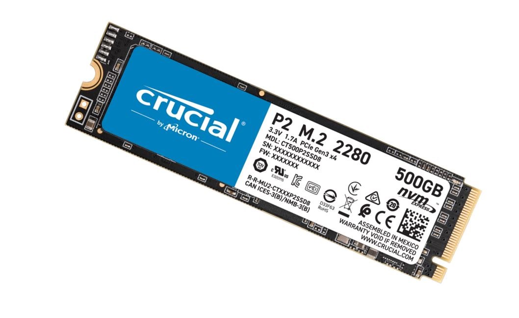 Crucial P2 500GB M.2 (2280) NVMe PCIe SSD - QLC Nand 2300/940 MB/s 300TBW 1.5Mil HRS MTBF Smart & Trim Acronis True Image Cloning 5YRS