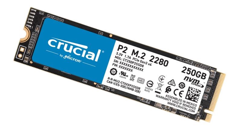 Crucial P2 250GB M.2 (2280) NVMe PCIe SSD - QLC Nand 2100/1150MB/s 150TBW 1.5Mil HRS MTTF Smart & Trim Acronis True Image Cloning Software 5YRS