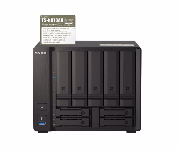 Qnap TS-h973AX 9-Bay Nas Amd Ryzen™ Embedded V1500B Quad-Core Eight Threads 2.2 GHz Processor 8G Hot-Swappable 2 x2.5GbE 1x10GBASE-T 4xUSB3.2 3YR WTY