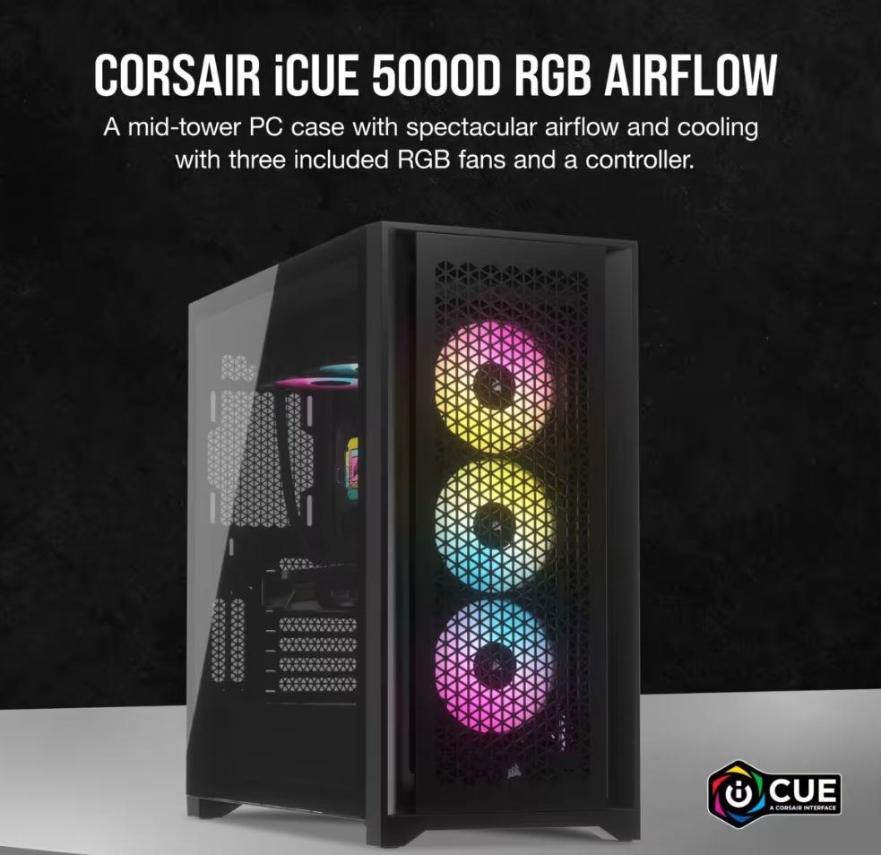 Corsair Icue 5000D RGB High Airflow, 3X Af120 RGB Elite Fan, Lighting Node Pro Controller, Tempered Glass Mid-Tower, Black Gaming Case