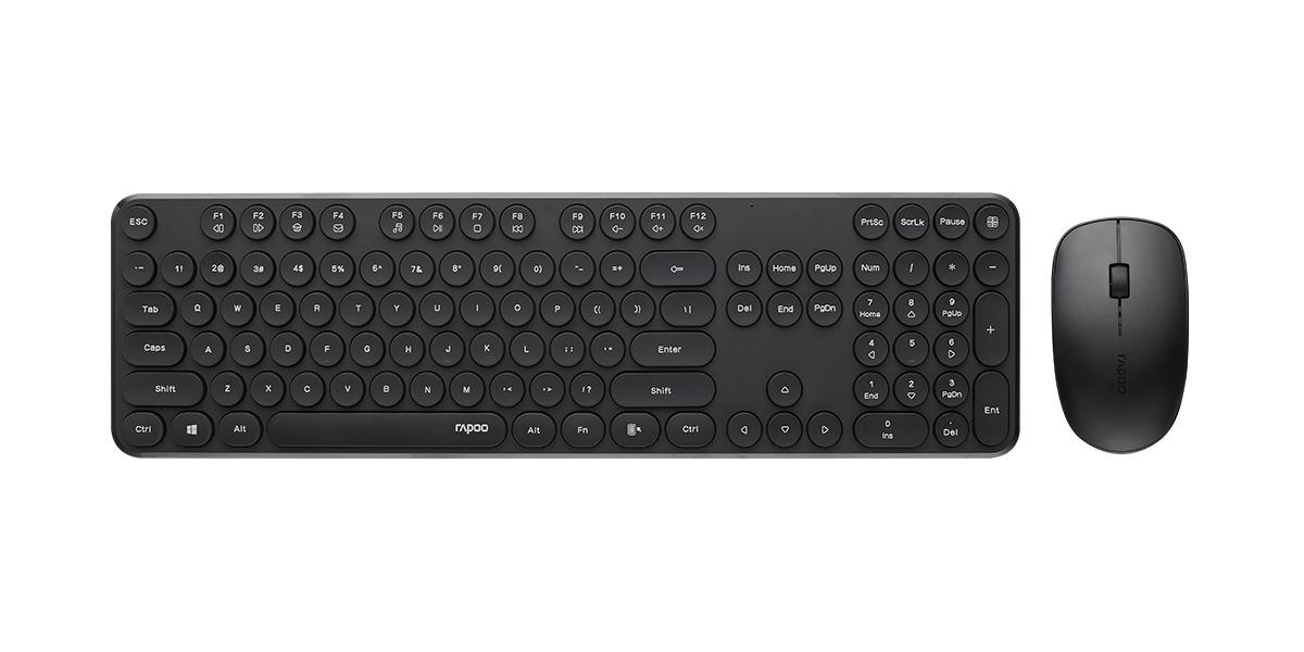 Rapoo Wireless Optical Mouse & Keyboard Black -2.4G Connection, 10M Range, Spill-Resistant, Retro Style Round Key, 1000Dpi Black