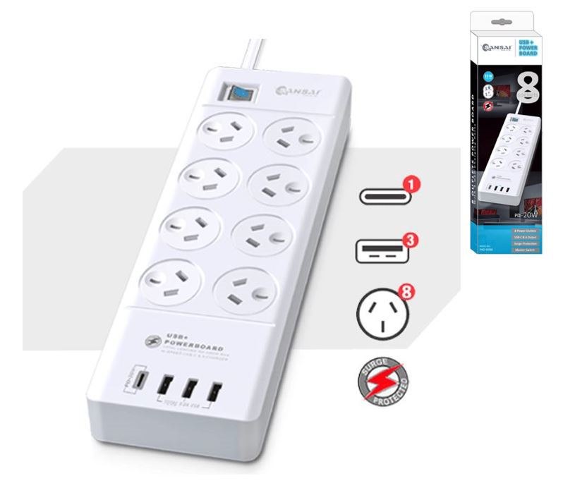 Generic Sansai 8 Outlet 3*Usb-A & 1*Usb-C Powerboard Master On/Off Switch Surge And Overload Protected 1M 20W 220-240V 10A IVRetail Box