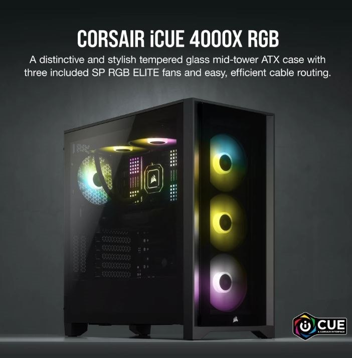 Corsair Icue 4000X RGB Tempered Glass Mid-Tower Case, Black