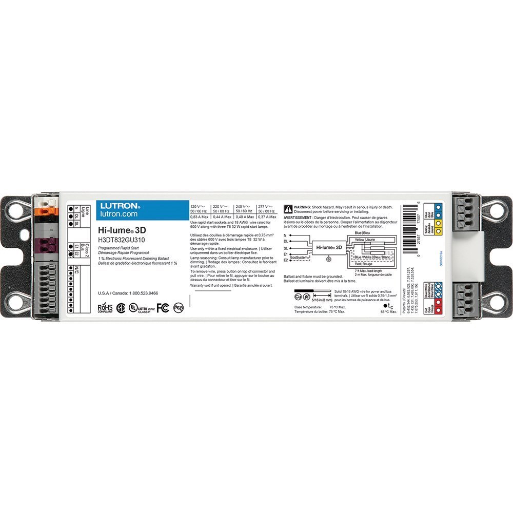 Lutron Hi-Lume174 Ballast, T8 Fluorescent, Electronic-Dimming, Programmed Rapid, G Case, 32W, 3-Lamps/Ballast