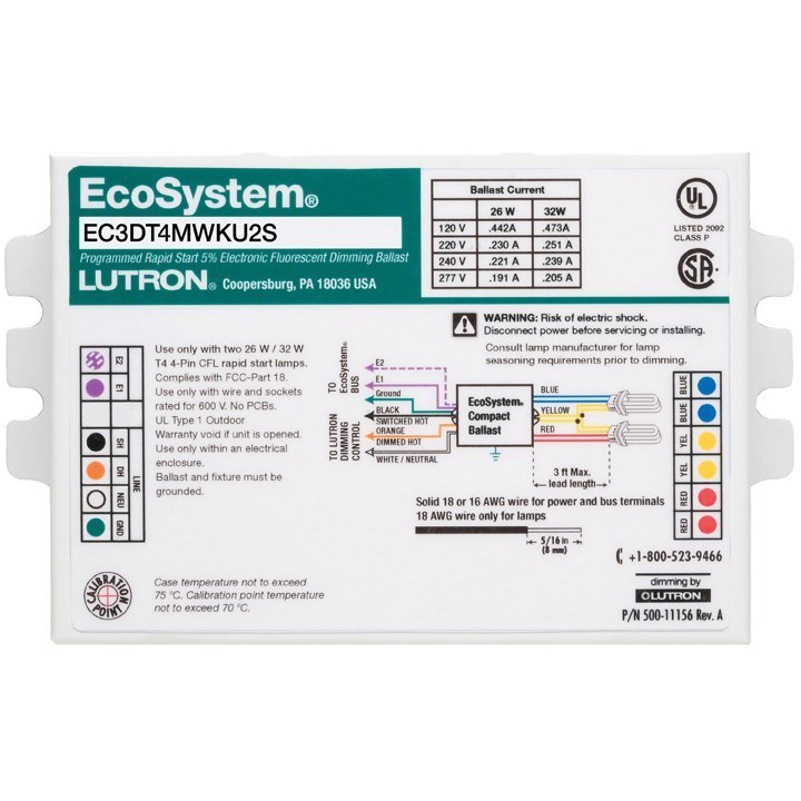 Lutron EcoSystem Digital Compact CFL Ballast, Electronic-Dimming, Programmed/Rapid Start, 26/32W, Studded, 2-Lamp