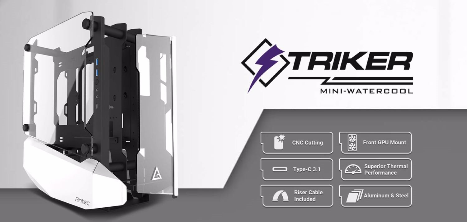 Antec Striker Open Frame Mini-ITX Aluminium And Steel Case, Pci-E Riser Cable Included. Usb 3.1 Type-C, Aluminium Steel, Superior Thermal Performance