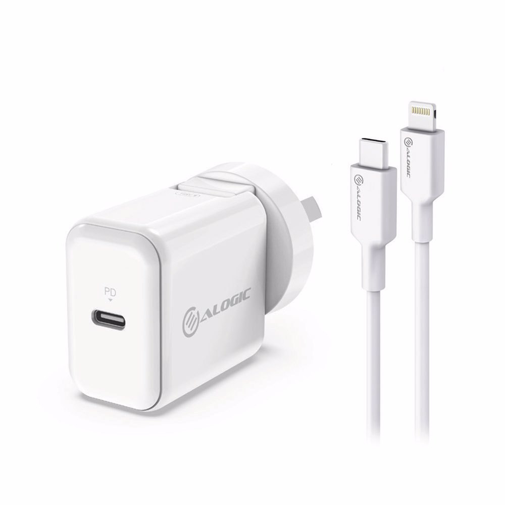 Alogic Combo Pack Usb-C 18W Wall Charger With Power Delivery And Usb-C To Lightning Cable – White