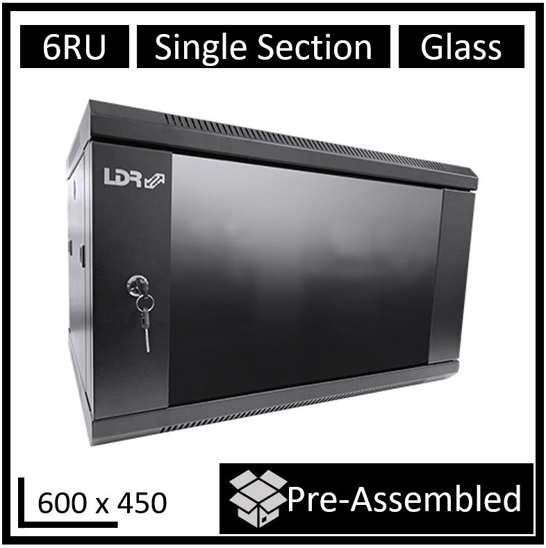 LDR Assembled 6U Wall Mount Cabinet (600MM X 450MM) Glass Door - Black Metal Construction - Top Fan Vents - Side Access Panels