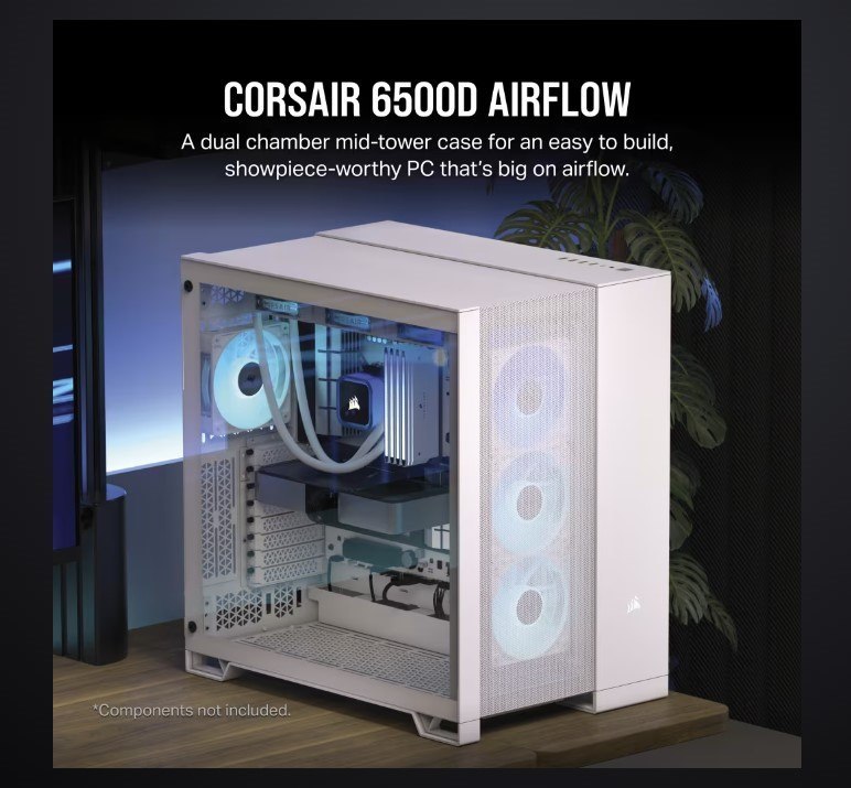 Corsair 6500D Airflow Tempered Glass Atx Mid-Tower, Mesh Left Front, Dual Chamber White Case