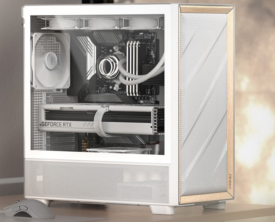 Antec Flux Atx, White Premium Birch Trim, 5X White PWM Performance Fans. Ultra Cooling Design, PWM Argb Controller W/ MB SYNC, Mid Tower Case