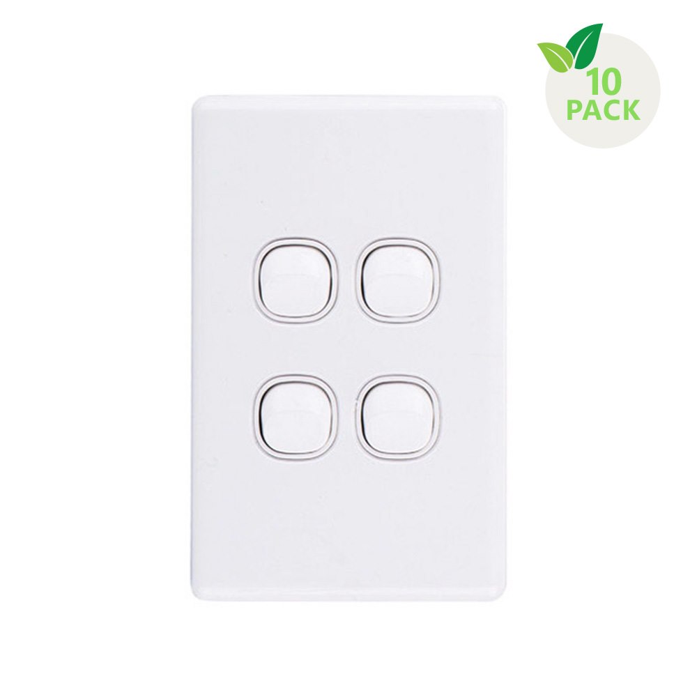 4Cabling 4C | Elegant Wall Switch 4 Gang 250V 16A - Vertical - 10 Pack With 10 Free C-Clips