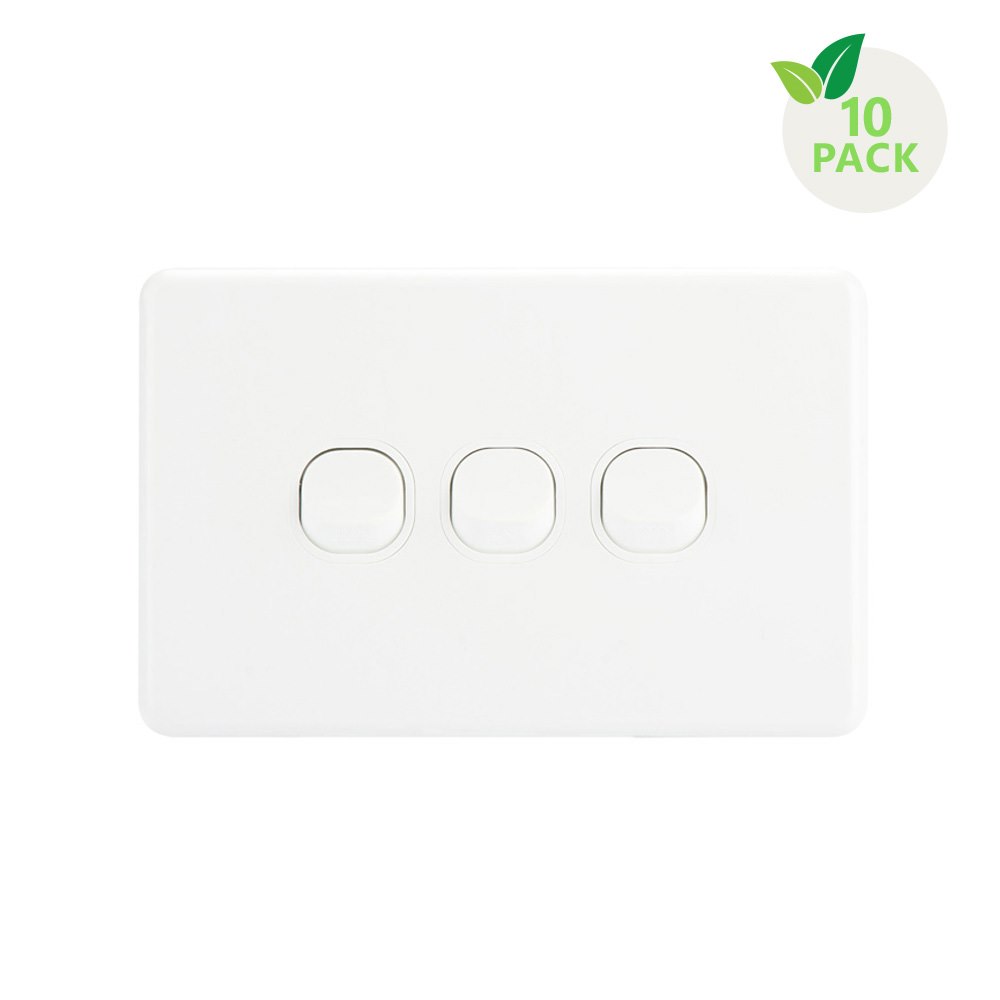 4Cabling 4C | Classic 3 Gang Switch 250V 16Ax - Horizontal - 10 Pack With 10 Free C-Clips