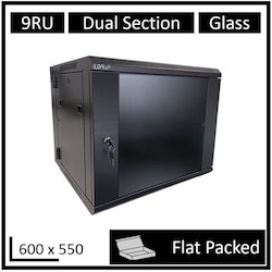 LDR Flat Packed 9U Hinged Wall Mount Cabinet (600MM X 550MM) Glass Door - Black Metal Construction - Top Fan Vents - Side Access Panels