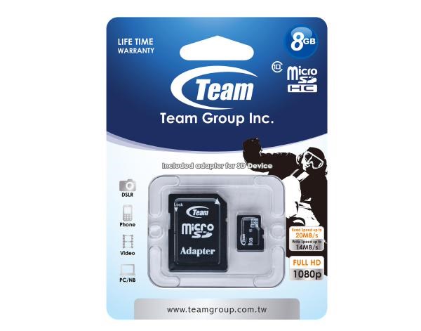 Team Group Memory Card microSDHC 8GB, Class 10, 14MB/s Write*, With SD Adapter, Lifetime Warranty