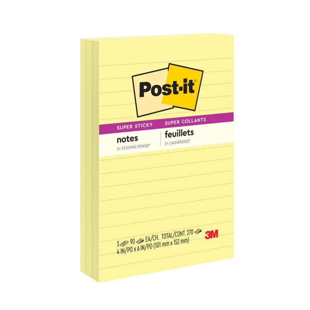 Post-it Super Sticky Lined Notes - Canary Yellow - 4" x 6" - 3 Pack