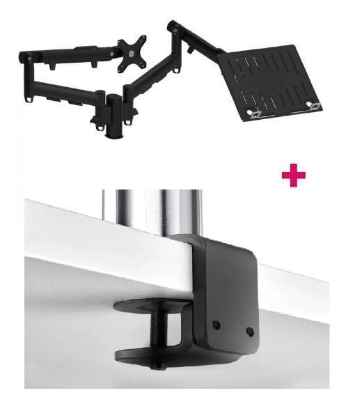 Atdec Awm Dual Monitor Arm Solution - Dynamic Arms - 135MM Post - F Clamp - Black With A Note Book Tray