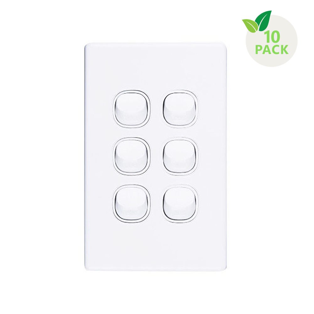 4Cabling 4C | Elegant Wall Switch 6 Gang 250V 16A - Vertical - 10 Pack With 10 Free C-Clips