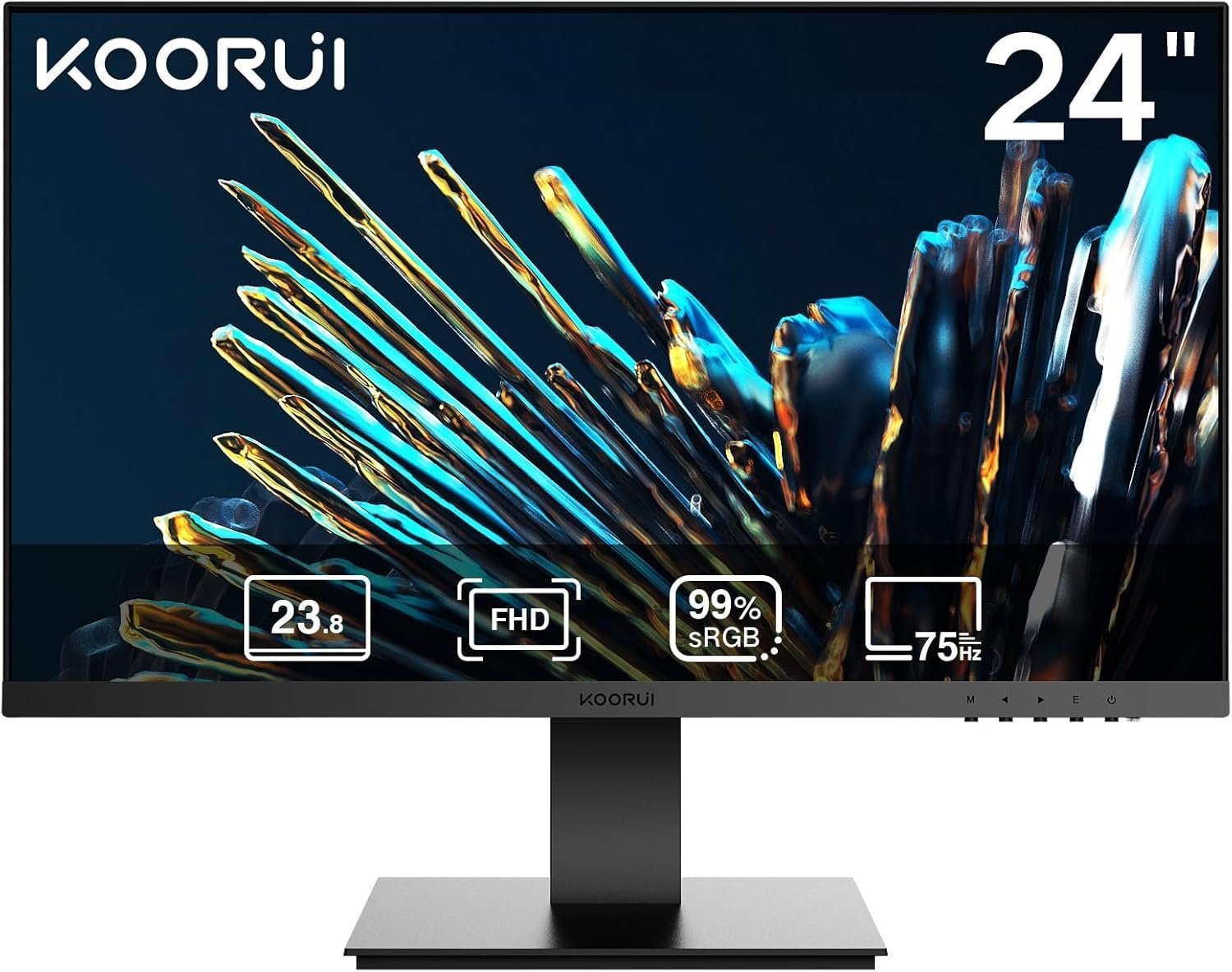 KOORUI 24 Inch FHD Monitor, Ultra-slim Bezels, 75Hz, VA Display, 5ms, Low Blue Light, 75 x 75 mm VESA Mountable, Adjustable Tilt, Black (1920 x 1080, HDMI/VGA)