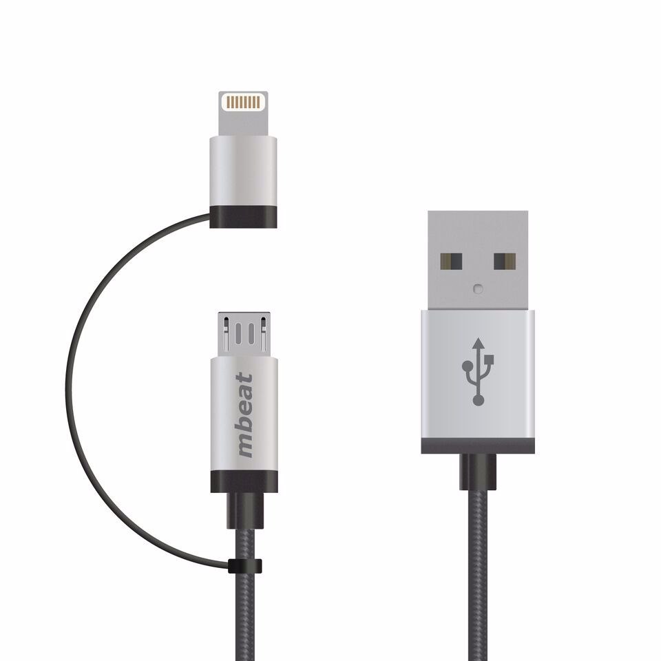 Mbeat® 1M Lightning And Micro Usb Data Cable - 2-in-1/Aluminmum Shell Crush-Proof/Nylon Braided/Silver/ Apple/Andriod Tablet Mobile Device (LS)