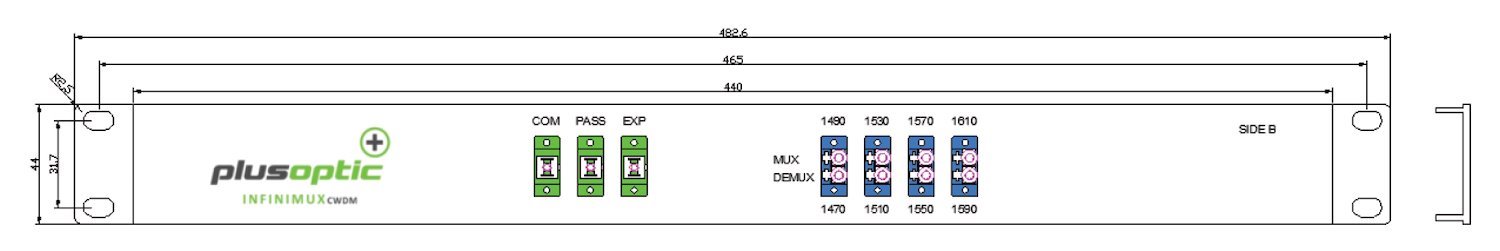 PlusOptic 8 Channel (1470,1490,1510,1530,1550,1570,1590,1610NM) Single Core Sca CWDM Mux / Demux 1Ru 19" Chassis With Sca 1310NM Pass Through Port And 4 X LC Duplex Ports - Side B. Md-8Ch-1Ru-Cwdm-131