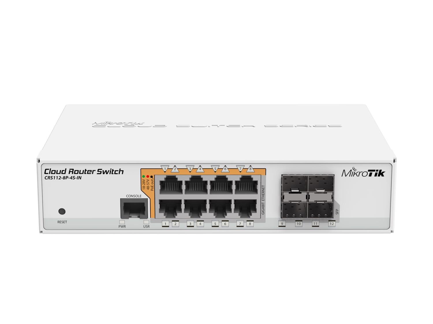 MikroTik (CRS112-8P-4S-IN) 8x Gigabit Ethernet Smart Switch with PoE-out, 4x SFP cages, 400MHz CPU, 128MB RAM, desktop case, RouterOS L5