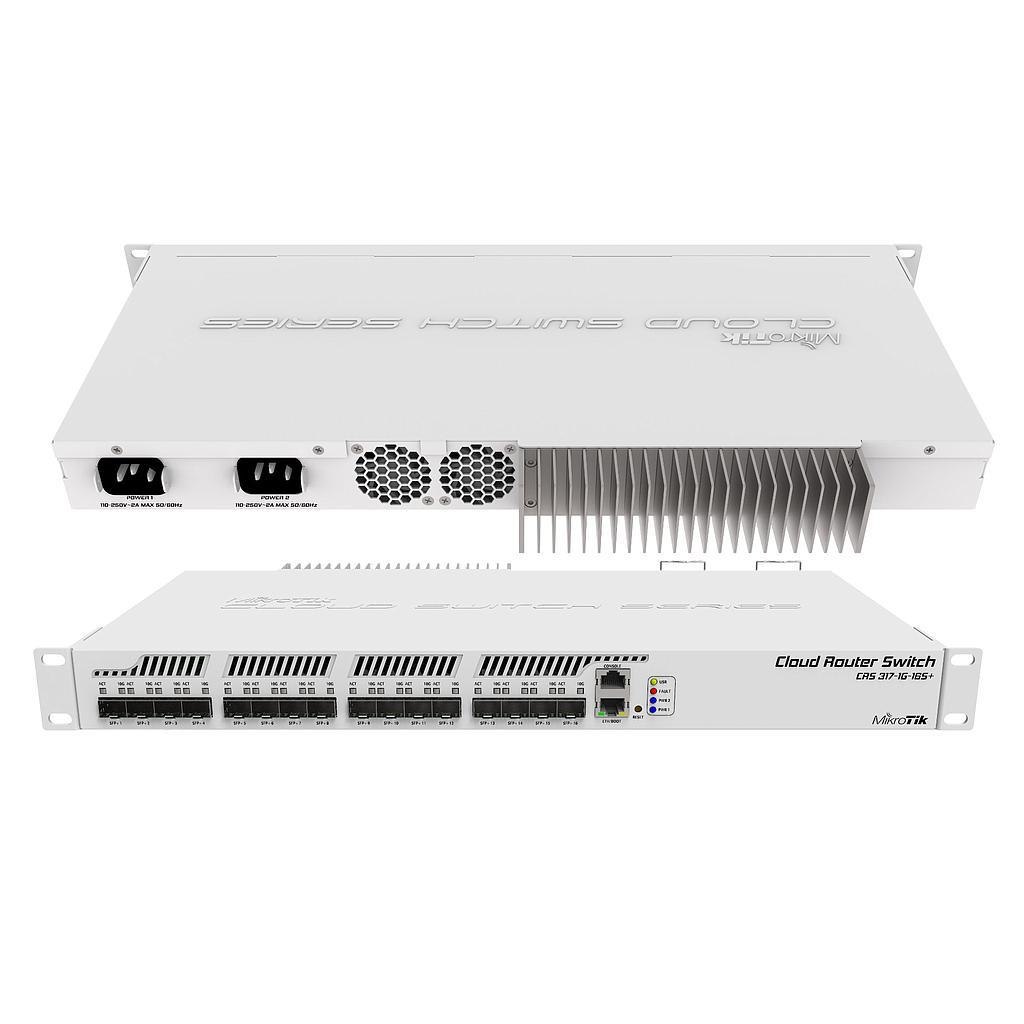 MikroTik (CRS317-1G-16S+RM) Smart Switch, 1 x Gigabit LAN, 16 x SFP+ cages, Dual Core 800MHz CPU, 1GB RAM, 1U rackmount passive cooling case, Dual Power Supplies