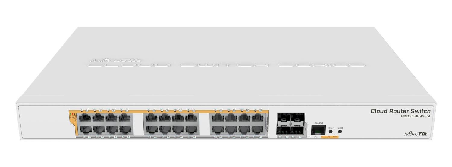 MikroTik (CRS328-24P-4S+RM) 24 port Gigabit Ethernet Router/Switch; with 4x 10Gbps SFP+ ports in 1U rackmount case, Dual Boot and PoE output, 500W