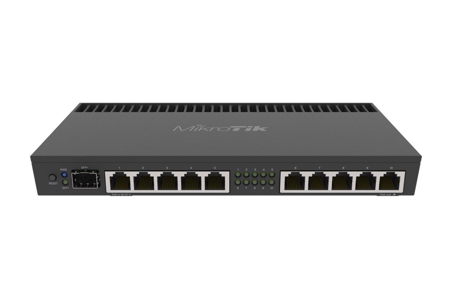 MikroTik RB4011iGS+RM Powerful 10xGigabit port router with a Quad-core; 1.4Ghz CPU, 1GB RAM, SFP+ 10Gbps cage and desktop case with rack ears
