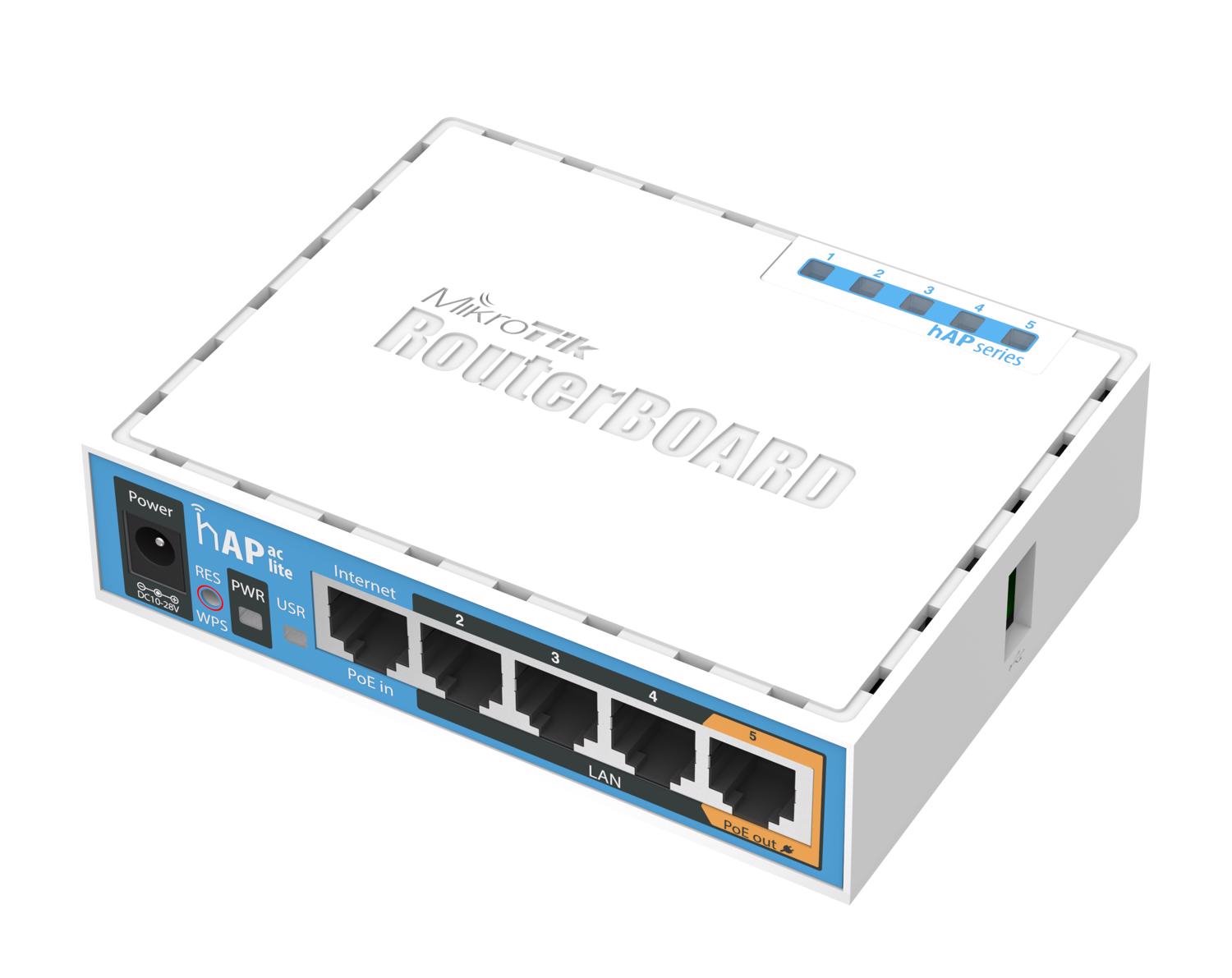 MikroTik hAP ac lite (RB952Ui-5ac2nD) Dual-Concurrent 2.4/5GHz AP; 802.11ac, Five Ethernet ports, PoE-out on port 5, USB for 3G/4G support