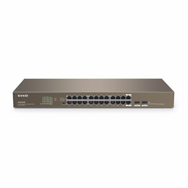 Tenda Teg1024f 24-Port Gigabit Unmanaged Switch With 2 SFP Slots 20KM, 10/100/1000 MBPS Auto-Negotiation RJ45 Ports, Surge Protection, 4 Modes Fanless